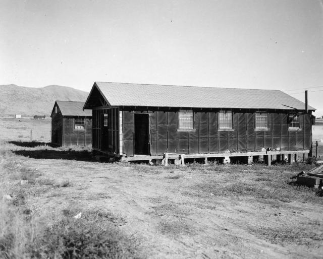 Japanese Relocation Center barracks, now used as furnishing housing for farm labor on Bryant Williams farm in Klamath County, Oregon.